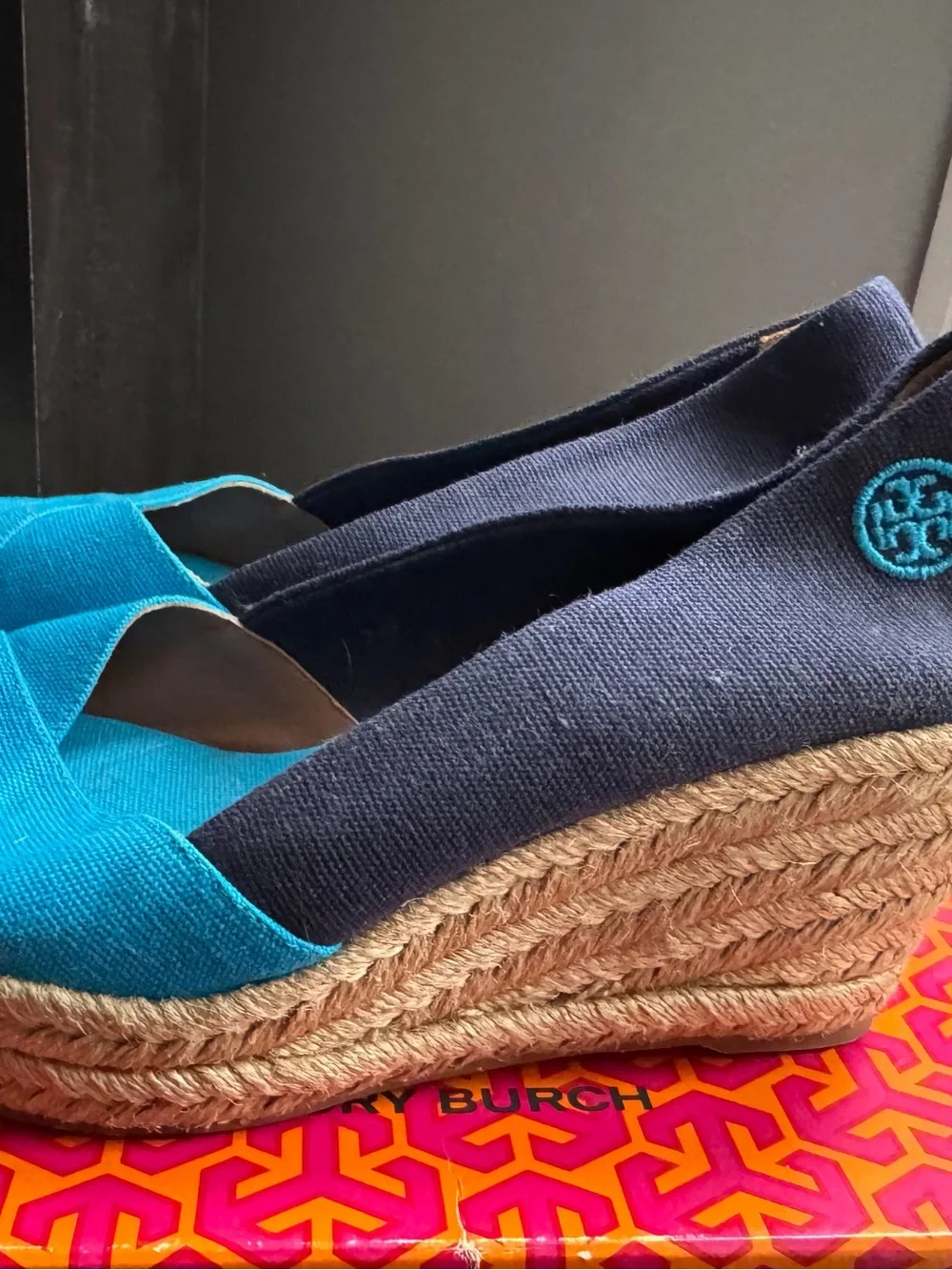 Women’s Tory Burch Blue Canvas Cross‑Front Espadrille wedges